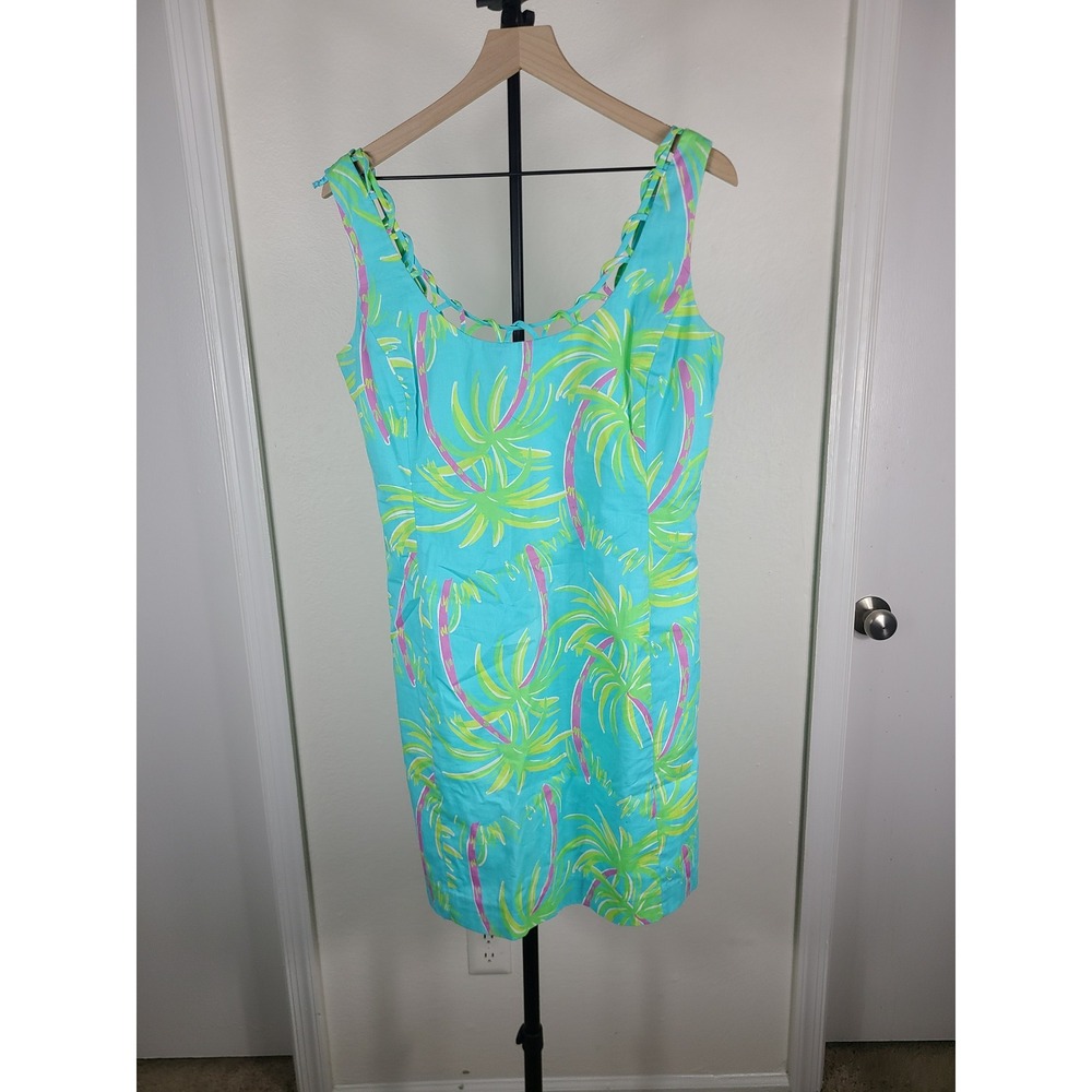 Lilly Pulitzer Palm Tree Print Lattice Back Shift Dress Blue Green Pink Size 10